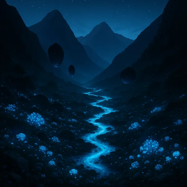 Discover a puzzle with a moonlit mountain valley aglow in deep blues and bioluminescent cyan.