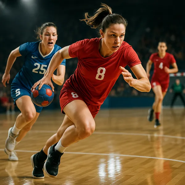 Try solving a puzzle that shows an intense indoor team handball moment, with a determined player in a red number 8 jersey dashing across a glossy wooden court w