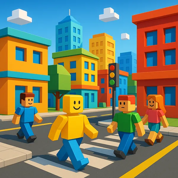 Enjoy assembling a puzzle depicting a bright, blocky city scene with cheerful, toy‑like pedestrians crossing a zebra crossing under a clear blue sky.