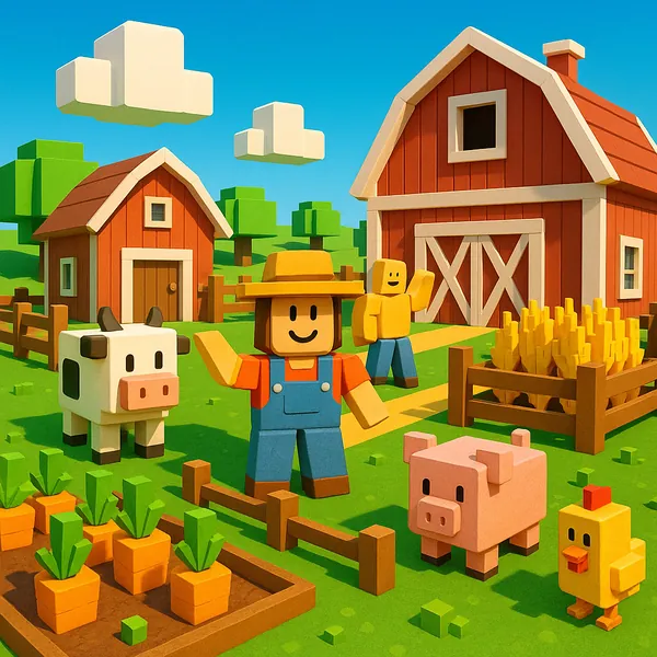 Discover a puzzle with a cheerful, blocky farm scene featuring a red barn, a smiling farmer in overalls, and friendly animals — a cow, pig, and chick — set amon