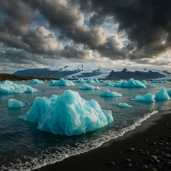 Discover a puzzle with luminous turquoise icebergs floating near a dark pebble shore beneath dramatic, brooding clouds.