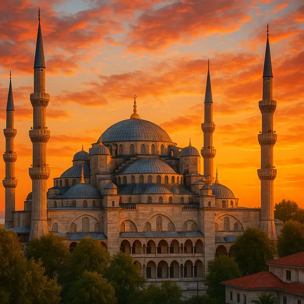 Discover a puzzle with a majestic domed mosque silhouette framed by six slender minarets against a glowing orange and gold sunset sky.