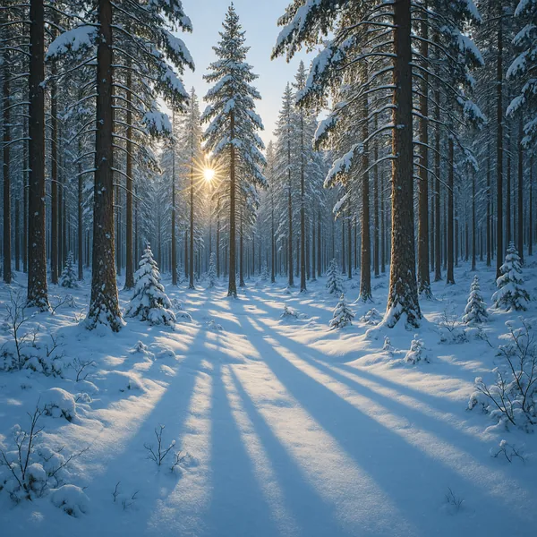 Discover a puzzle with a tranquil snow-covered pine forest bathed in soft winter light on PuzzleFree.Game.