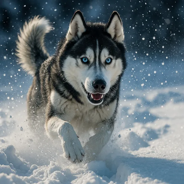 Discover a puzzle with a striking Siberian husky bounding through fresh snow, its piercing blue eyes and black-and-white coat contrasting against a cool, wintry