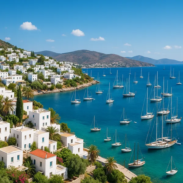 Discover a puzzle with a sunlit Mediterranean coastal village of whitewashed houses tumbling down a green hillside to a turquoise bay dotted with graceful sailb