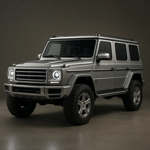 Discover a puzzle with a sleek silver off‑road SUV captured in studio lighting, featuring a boxy body, rugged tires, and glowing round headlights against a soft