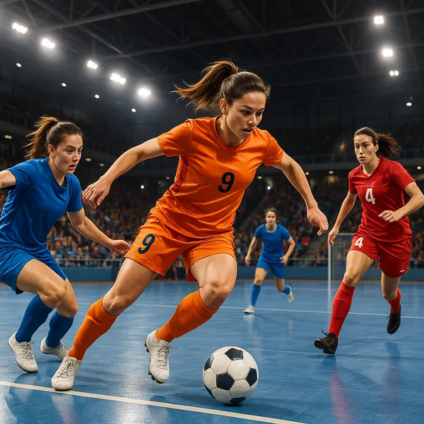 Discover a puzzle with a dynamic indoor soccer moment showing a determined player in bright orange dribbling past opponents in blue and red under arena lights.