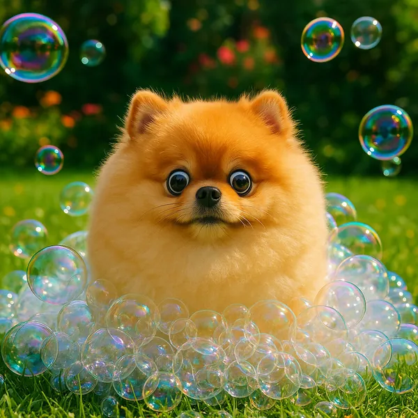 Discover a puzzle with an adorable fluffy Pomeranian puppy sitting on vibrant green grass, its golden fur and big, round eyes surrounded by shimmering iridescen