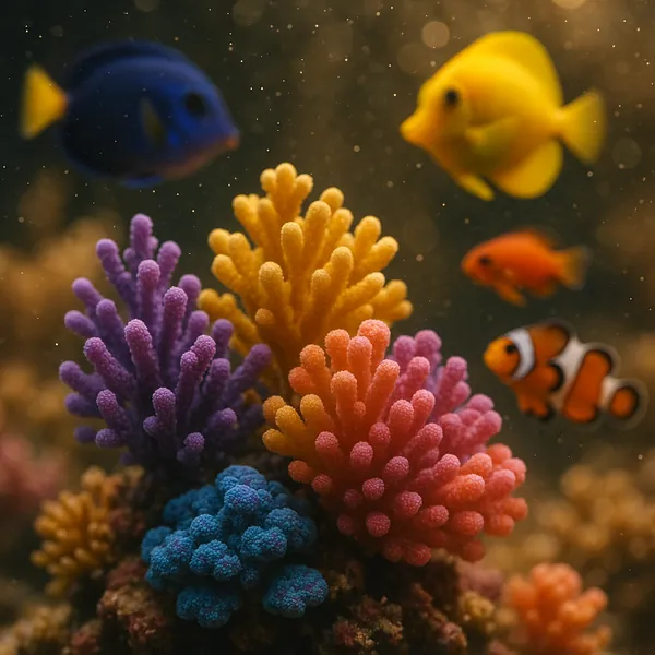 Discover a puzzle with a vibrant underwater scene showcasing multicolored coral in shades of purple, pink, blue, and golden yellow, surrounded by cheerful tropi