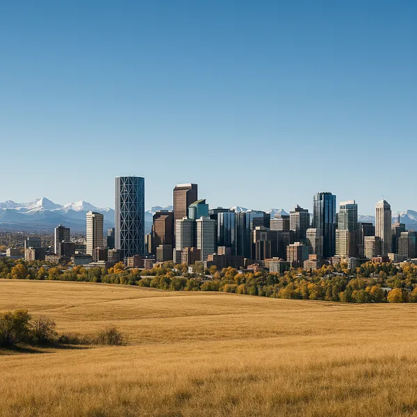 Discover a puzzle with a crisp city skyline framed by snow-capped mountains and a wide golden field in the foreground.