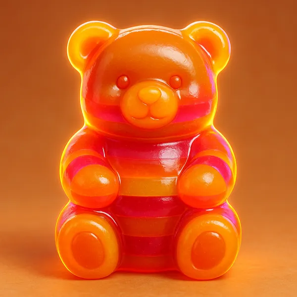 Discover a puzzle with a glossy orange-and-pink gummy bear set against a warm, monochrome orange background on PuzzleFree.Game.