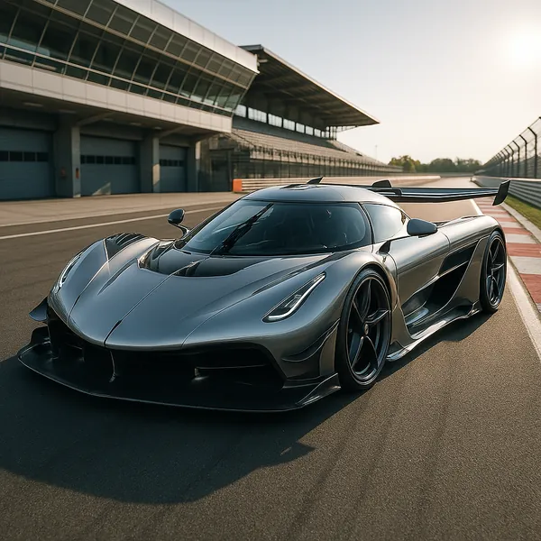 Discover a puzzle with a gleaming silver supercar parked on an empty racetrack at golden hour.