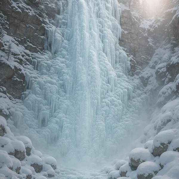 Discover a puzzle with a majestic frozen waterfall cascading in icy blues and soft whites against rugged, snow-dusted cliffs.
