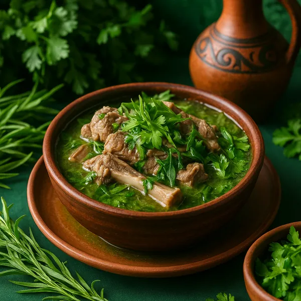 Discover a puzzle with a rustic bowl of green herb soup studded with tender chunks of meat, served in warm terracotta crockery and surrounded by fresh parsley a