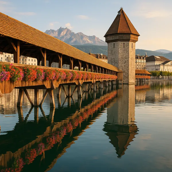 Discover a puzzle with a sunlit wooden covered bridge and a stone tower stretching over glassy water, their warm ochre and honey tones mirrored perfectly below.
