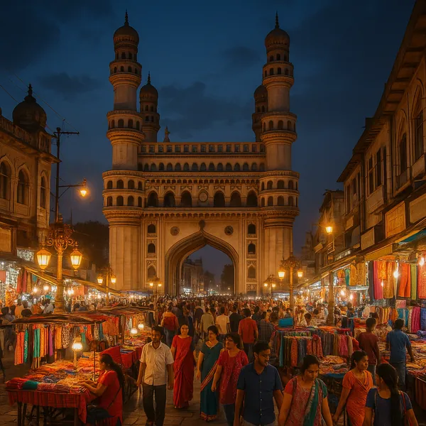 Discover a puzzle with a grand historic arch framed by four elegant towers standing against a deep blue twilight sky, surrounded by a lively evening market.