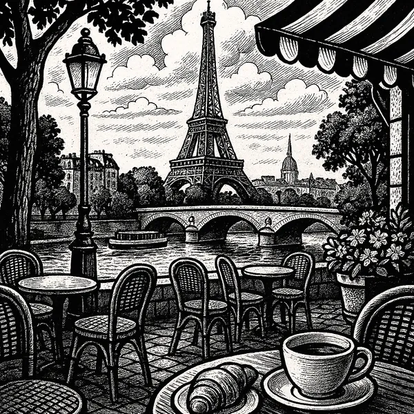 This intricate black-and-white illustration captures a quintessential Parisian café scene.