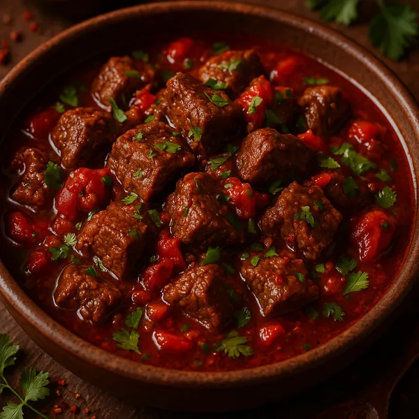 Discover a puzzle with a steaming bowl of hearty beef stew, showing tender brown meat cubes nestled in a rich tomato-red sauce and dotted with bright green pars