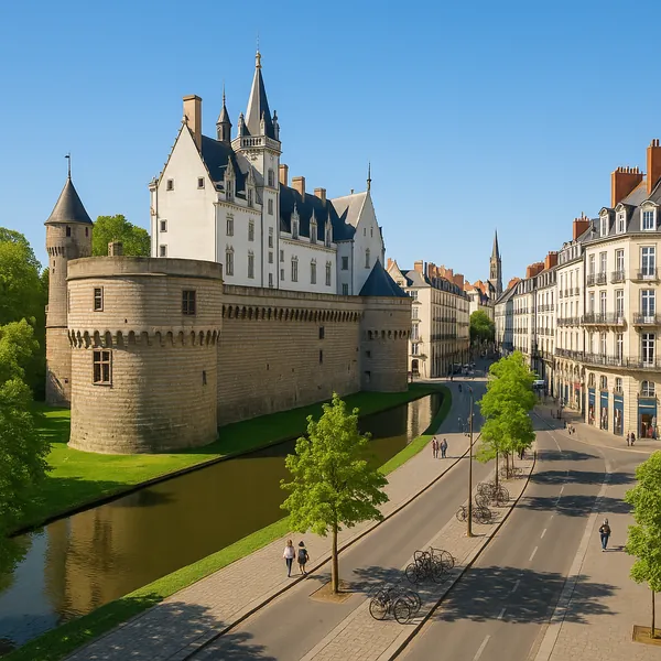 Discover a puzzle with a sunlit medieval château beside a gentle moat, framed by leafy trees and a tidy, cobbled avenue.