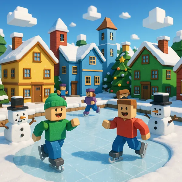 Discover a puzzle with a cheerful snowy village scene where blocky, toy-like figures skate on a frozen pond amid colorful houses and smiling snowmen.