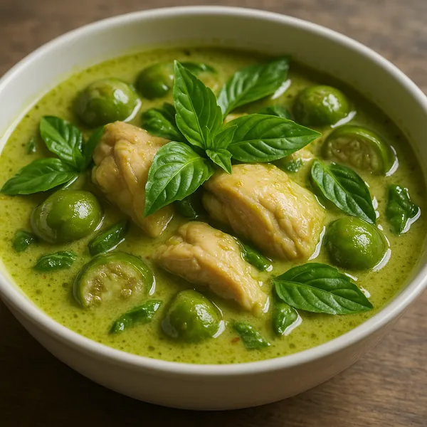 Discover a puzzle with a close-up of a steaming green curry bowl, featuring tender pieces of chicken, glossy green pea eggplants, and fresh basil leaves floatin