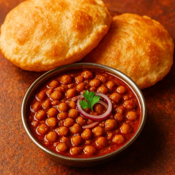 Enjoy assembling a puzzle depicting a warm bowl of chickpea curry (chana masala) with two golden puffed breads, captured in rich red-orange and golden-brown ton