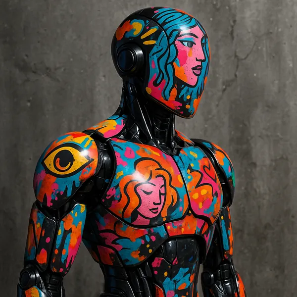 Enjoy assembling a puzzle depicting a vibrant street-art robot adorned with colorful pop-art portraits and bold abstract splashes.
