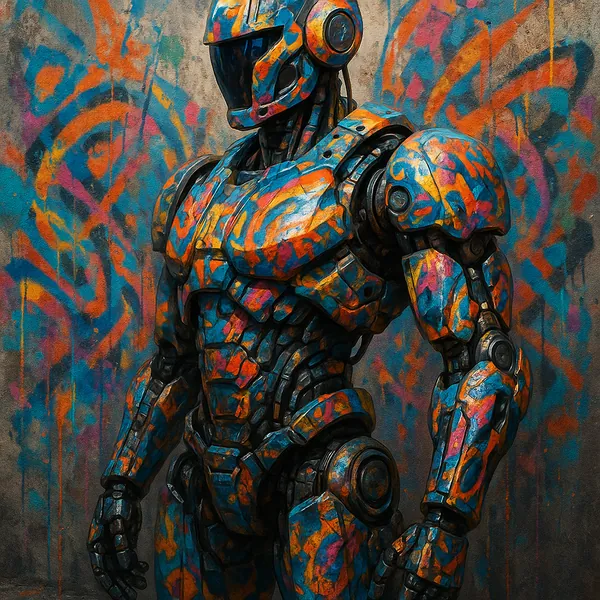 Enjoy assembling a puzzle depicting a striking graffiti-covered robot standing against a textured urban wall.