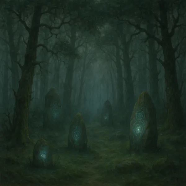Discover a puzzle with a misty, enchanted forest scene where tall, shadowed trees frame a quiet clearing of mossy standing stones etched with soft, teal spiral