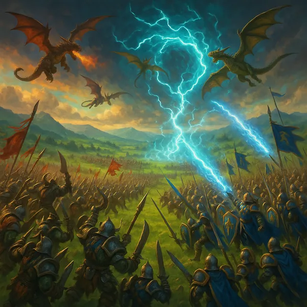Discover a puzzle with an epic fantasy battle scene showing armored armies clashing across a wide green valley as dragons circle overhead and electric-blue ligh