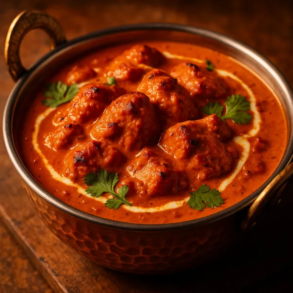 Enjoy assembling a puzzle depicting a steaming bowl of rich, creamy tomato curry with tender meatballs, swirls of cream, and bright cilantro leaves.