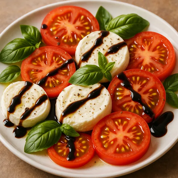 Enjoy assembling a puzzle depicting a vibrant Caprese salad with ripe red tomato slices, creamy white mozzarella rounds, fresh green basil leaves, and glossy ba
