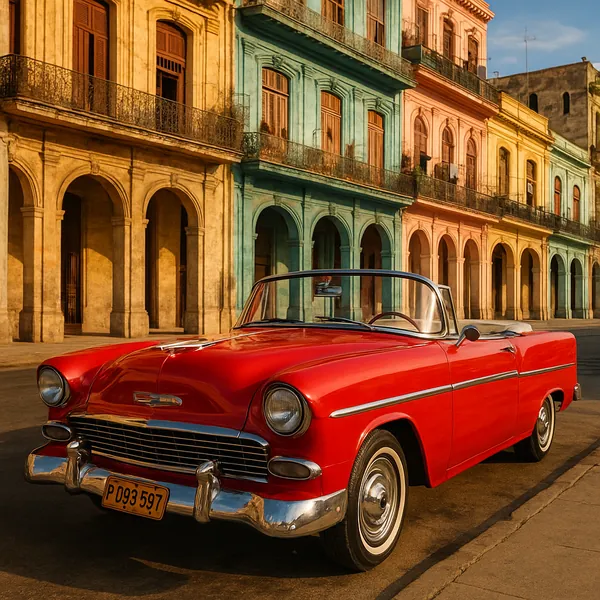 Enjoy assembling a puzzle depicting a glossy red vintage convertible parked on a sun-drenched street lined with colorful colonial buildings.