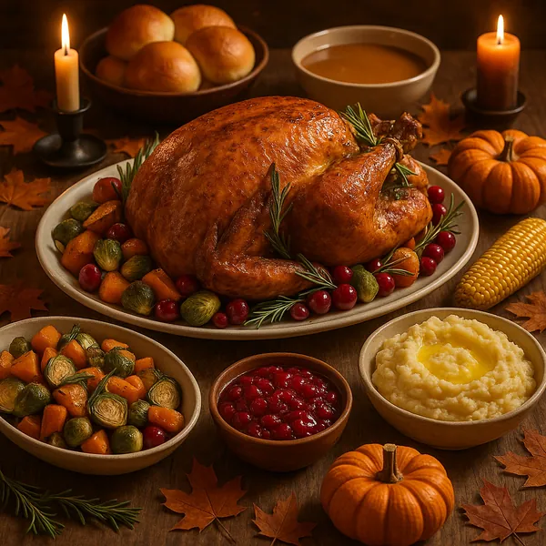 Discover a puzzle with a warm Thanksgiving table featuring a golden roast turkey surrounded by mashed potatoes, cranberry sauce, roasted Brussels sprouts, dinne