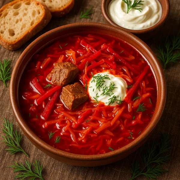 Discover a puzzle with a steaming bowl of homemade borscht: rich, ruby-red broth filled with shredded beets and cabbage, tender chunks of beef, and a creamy dol