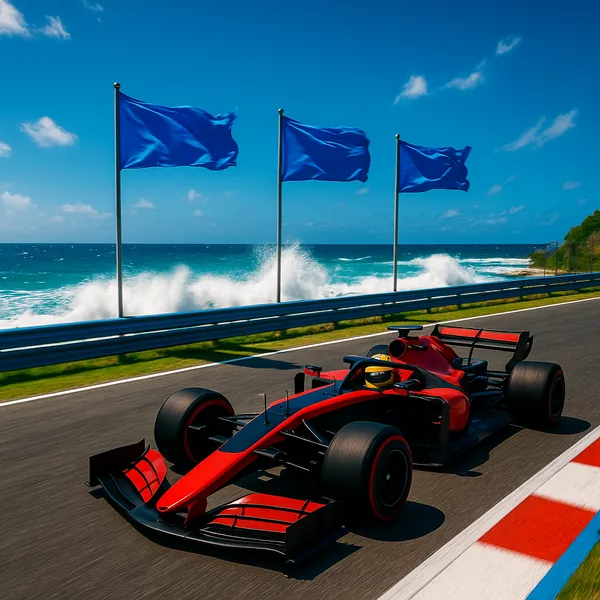 Discover a puzzle with a sleek red formula race car speeding along a sunlit coastal racetrack beside crashing turquoise waves.