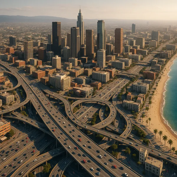Discover a puzzle with a sweeping aerial view of a sunlit coastal city featuring a tangle of curving freeway interchanges leading into a cluster of modern skysc