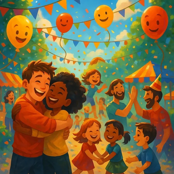 Enjoy assembling a puzzle depicting a cheerful community celebration in a sunlit park, with warm oranges, sunny yellows, sky blues, and festive confetti.