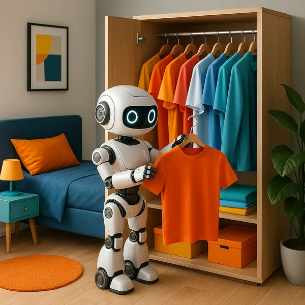 Discover a puzzle with a friendly robot organizing a closet full of bright shirts — vivid oranges and calming blues contrast against warm wood and soft teal acc