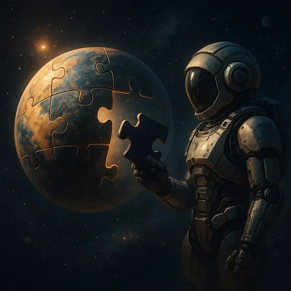 Discover a puzzle with a lone astronaut holding the final piece to a planet made of oversized jigsaw pieces, set against a star-filled cosmic backdrop.