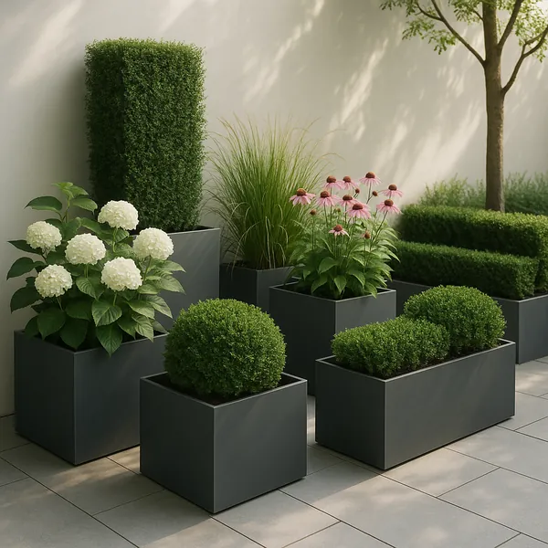 Discover a puzzle with a serene modern patio scene of neatly arranged charcoal planters filled with lush green topiary, soft white hydrangeas, pink coneflowers,
