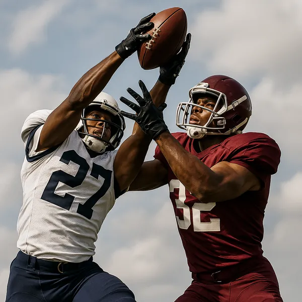 Enjoy assembling a puzzle depicting two football players leaping for the ball against a soft, cloudy sky.