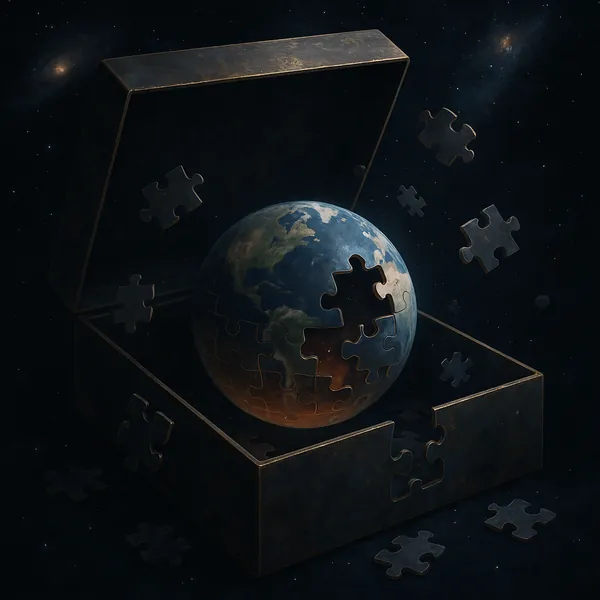 Discover a puzzle with a surreal, cosmic scene: a globe made of interlocking jigsaw pieces sits inside an open, weathered box and drifts in a star-speckled spac