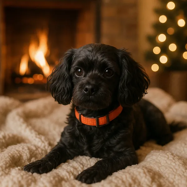 Discover a puzzle featuring an adorable black pup wearing an orange collar, curled up on a soft cream blanket before a glowing fireplace.