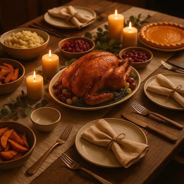 Discover a puzzle with a cozy Thanksgiving dinner spread: a golden roast turkey on a platter surrounded by grapes and rosemary, bowls of mashed potatoes, cranbe
