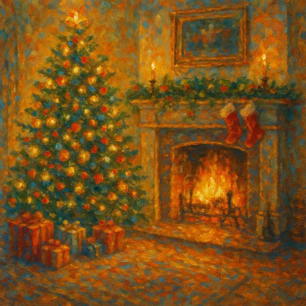 This image depicts a cozy Christmas scene featuring a warmly lit fireplace adorned with stockings and a beautifully decorated Christmas tree surrounded by prese