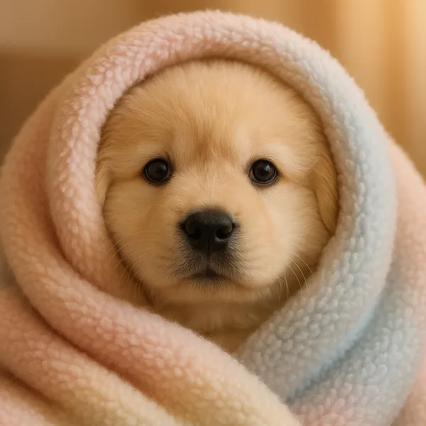 Enjoy assembling a puzzle depicting an adorable golden-furred puppy snugly wrapped in a soft pastel blanket — creamy beiges, gentle pinks and pale blues create