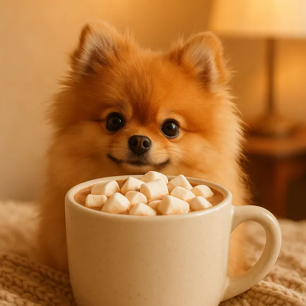 Discover a puzzle with an adorable Pomeranian puppy peeking over a creamy mug of hot chocolate topped with fluffy marshmallows.