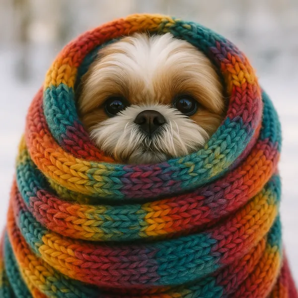 Discover a puzzle with an adorable small dog peeking out from a thick, rainbow‑colored knitted scarf — soft browns and creams of its fur contrast beautifully wi