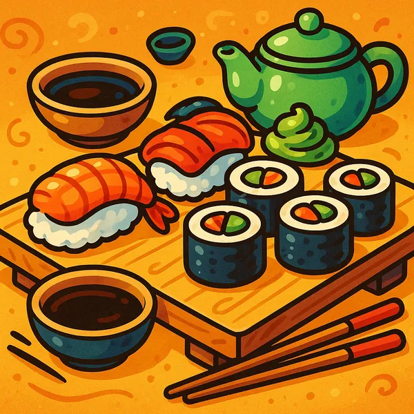 Enjoy assembling a puzzle depicting a colorful sushi and tea spread on a wooden board.